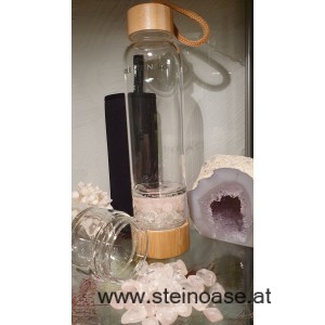 Glasflasche mit Rosenquarz + Bergkristall